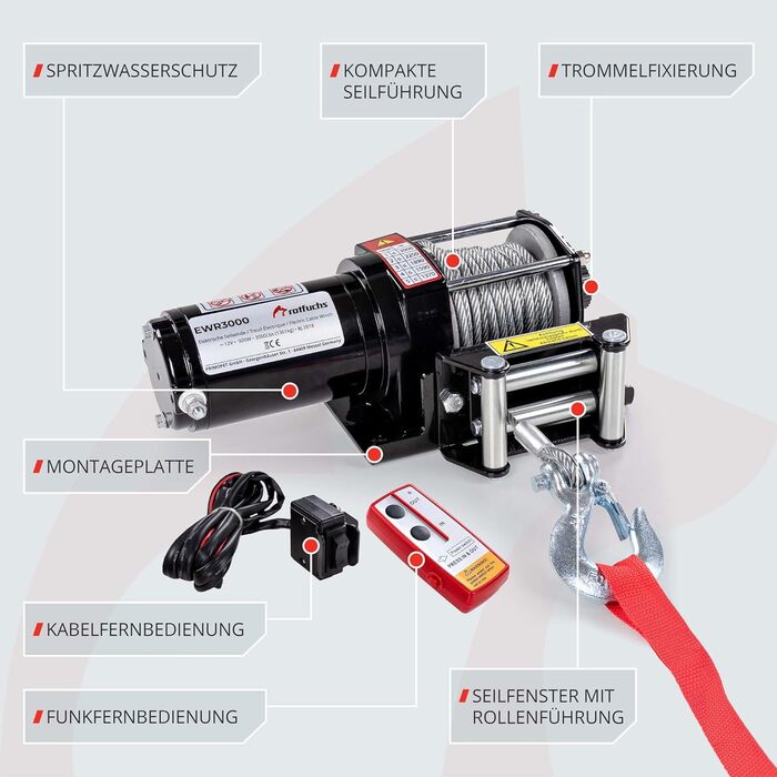 Електрична лебідка ROTFUCHS 12 В з радіопультом дистанційного керування 1360 кг / 3000 фунтів Лебідка з позашляховим двигуном Канатна електрична лебідка, сталевий трос 9,2 м, чорний
