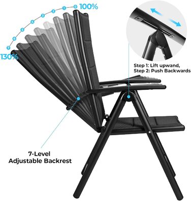 Садовий стілець LIFERUN Складний з високою спинкою, алюмінієвий балконний стілець зі стьобаною спинкою та сидінням, регулюється в 7 напрямках, до 120 кг, обідній стілець на відкритому повітрі, складні підлокітники, набір з 4 шт. , чорний 4 шт. и чорний