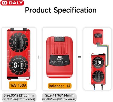 Паралельний модуль DALY BMS 1A з вентилятором Smart BMS LiFePo4 8S 24V 250A та CAN-портом, Smart BMS Bluetooth ключ для літієвих акумуляторів 3,2 В, інвертор, ДБЖ та домашня система зберігання (Lifepo4 16S 48V CAN BT, 150AParallel Module1A)