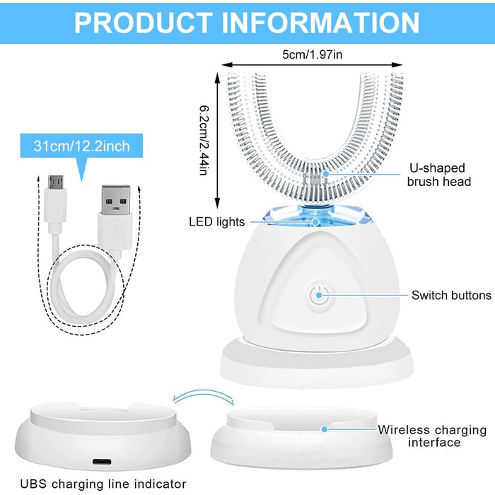 Електрична ультразвукова зубна щітка 360 автоматична зубна щітка Повністю автоматична U-подібна інтелектуальна зубна щітка для чищення дітей Звукова зубна щітка бездротова з 1 запасною головкою (біла)