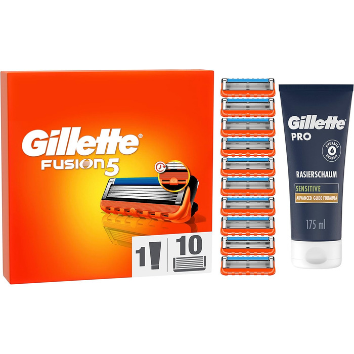 Леза для бритви Gillette Fusion 5, 18 змінних лез для мокрих бритв чоловічі з 5-кратним лезом, Зроблено в Німеччині (10 лез піна для гоління)