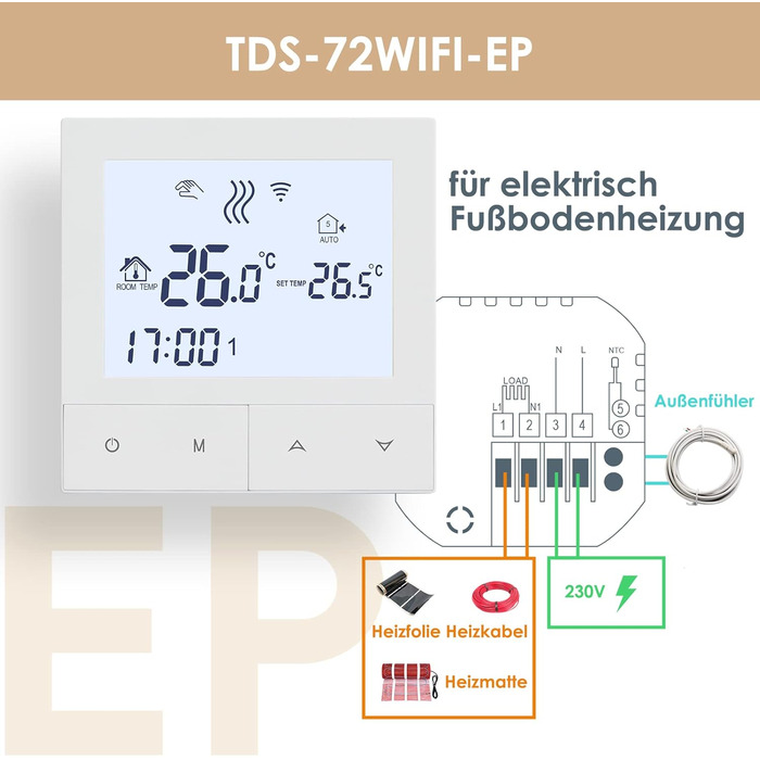 Цифровий для електричної теплої підлоги Кімнатний термостат Intelligent Heating Thermostat Compatible Alexa, Google Home, 16A TDS72WIFI-EP White