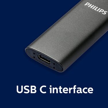 Зовнішній портативний SSD-накопичувач Philips на 250 ГБ - ультратонкий SATA Ultra Speed USB-C, швидкість читання до 540 МБ/с, алюміній