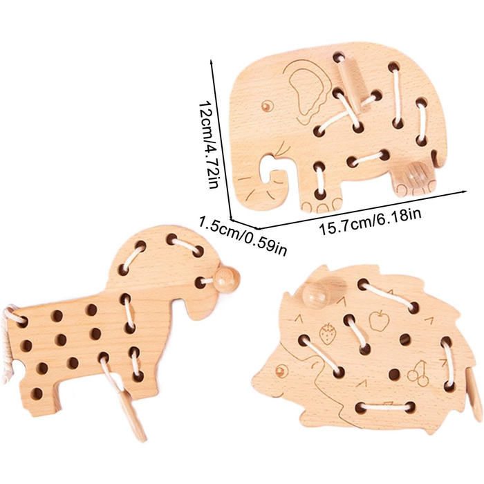 Загальна дитяча іграшка для нанизування Набір з 3 мереживних блок-пазлів Дерев'яні фігурні іграшки для шнурівки, навчальні головоломки для нанизування з мотузками, веселий навчальний інструмент для розвитку дрібної моторики тварини