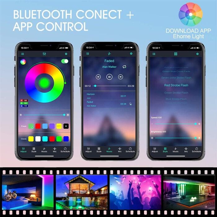 Світлодіодні стрічки Elitlife Bluetooth, 15 м (3x5 м) 49,2 футів водонепроникні IP65 RGB SMD5050 світлодіодні стрічки з розумним контролером Bluetooth 40 клавіш дистанційного керування для дому, саду, декору Світлодіодна стрічка Bluetooth 15 м