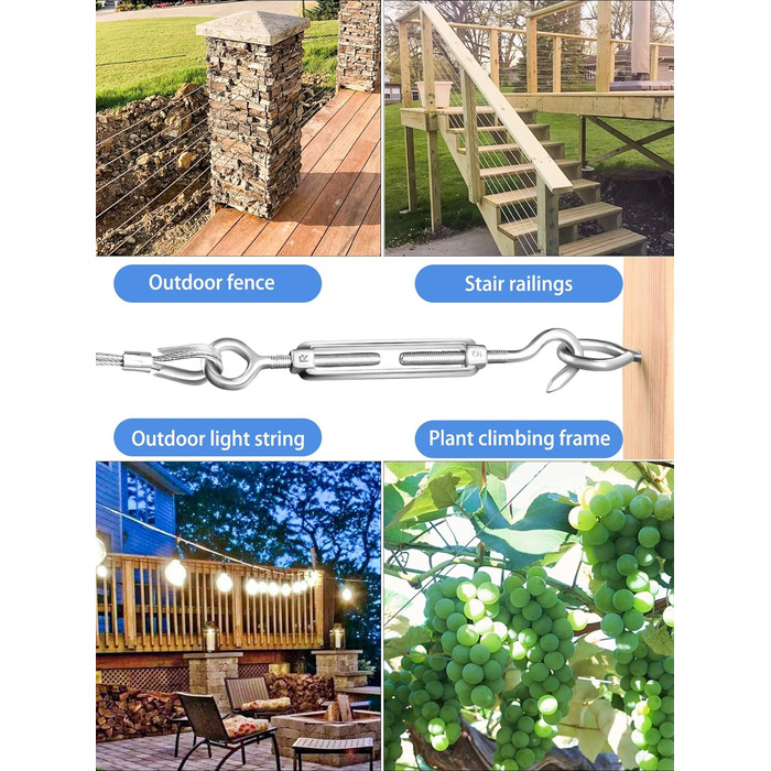 Набір мотузок з нержавіючої сталі TooTaci 2 мм, набір шпалер для тросів, натягувач мотузки M5 з нержавіючої сталі та 304 натяжний дріт з нержавіючої сталі в ПВХ оболонці, сталевий трос з вушками, набір для натягу мотузки для підвісів, огорожі, штор, саду 