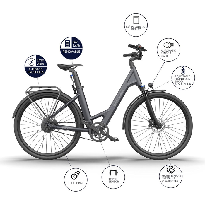 Електричний велосипед ADO E-Bike Air 28, педальний ремінний привід, 28 дюймів, датчик крутного моменту, 1 передача, задній двигун, акумулятор 345.00 Вт-год, ebike жіночий/чоловічий, багажник, лампа синього кольору