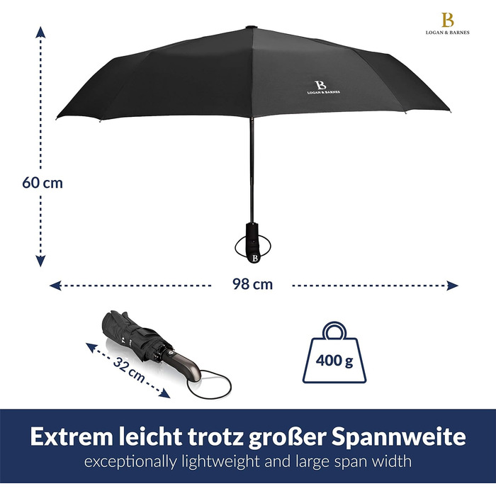 Парасолька штормонепроникна до 140 км/год - Складна парасолька з сертифікованим тефлоновим покриттям від вологи - LOGAN & BARNES - Модель Manchester Black