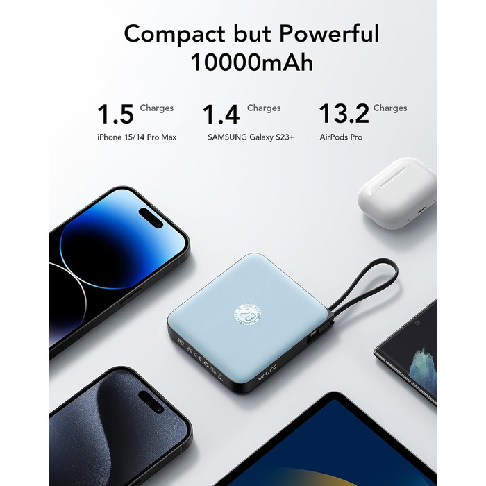 З кабелем 10000mAh Маленький USB C Power Bank Швидка зарядка 22.5W Міні портативний зарядний пристрій Зовнішній акумулятор Невеликий, але потужний акумуляторний блок Світлодіодний дисплей Сумісний з iPhone Huawei Samsung і т.д. Синій