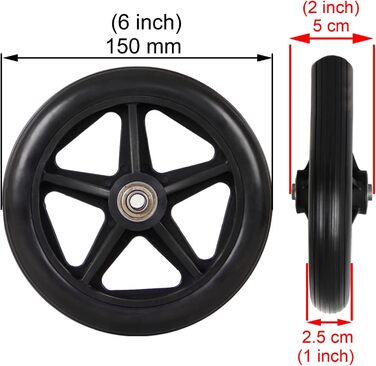 Ролики для інвалідних візків Заміна для передніх коліс інвалідного візка, 2 суцільні гумові шини, 6 дюймів, 7 дюймів, 8 дюймів, товсті ролики для інвалідних візків, вісь 5/16 дюйма, вантажопідйомність 120 кг, чорний сірий чорний 150 мм (6 дюймів)