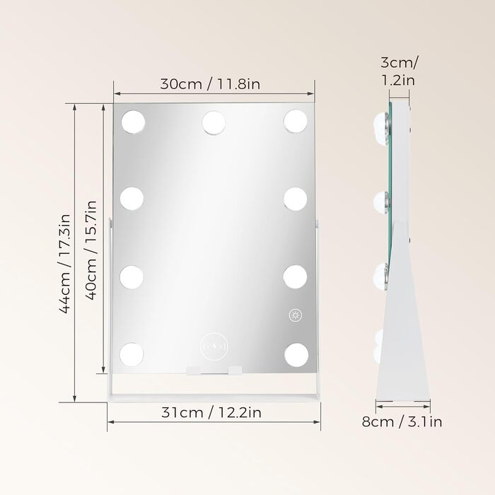 Дзеркало Mondeer Hollywood з бездротовою зарядкою, дзеркало для макіяжу з підсвічуванням, 9 світлодіодів з регулюванням яскравості 3 колірних температур, обертання на 360, сенсорне управління, біле