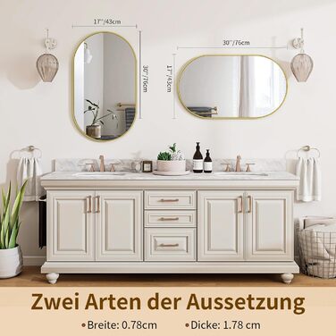 Дзеркало Koonmi Oval Bathroom Mirror Gold, 43 x 76 см Овальне настінне дзеркало із загартованого скла, туалетне дзеркало без спотворень, горизонтальне або вертикальне підвісне для спальні, передпокою, вітальні золотого кольору 76x43