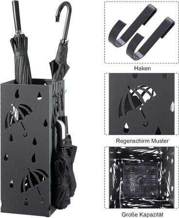 Залізна підставка для парасольки WOLTU, L20 x W20 x H49 см, підставка для парасольки з піддоном для крапель води, 4 гачки для складання парасольок, антрацитовий прямокутник SST02an