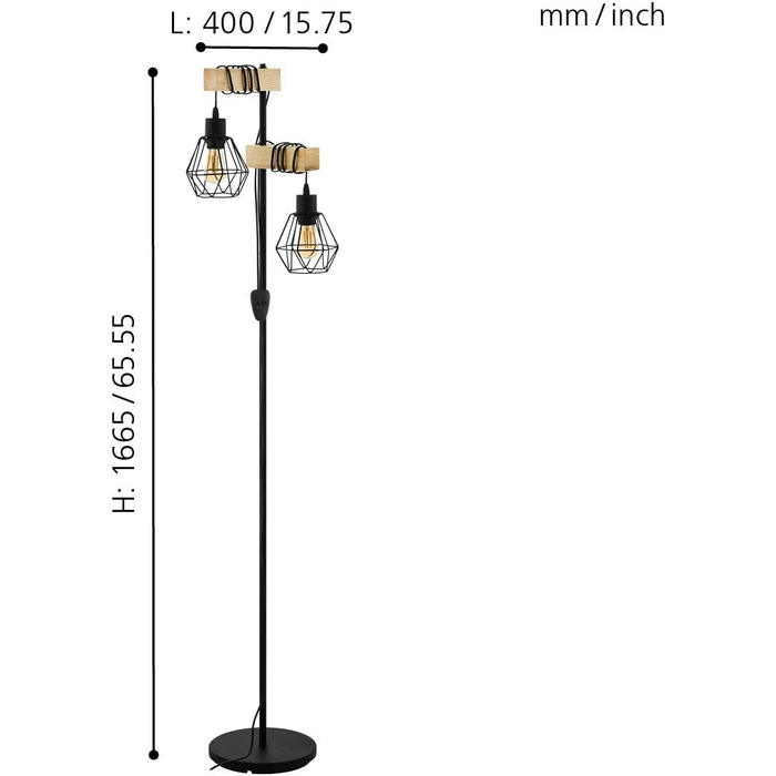 Торшер EGLO Townshend 5, 2 Flame Vintage торшер в промисловому дизайні, ретро торшер зі сталі та дерева, колір чорний, коричневий, цоколь E27, в т.ч. вимикач