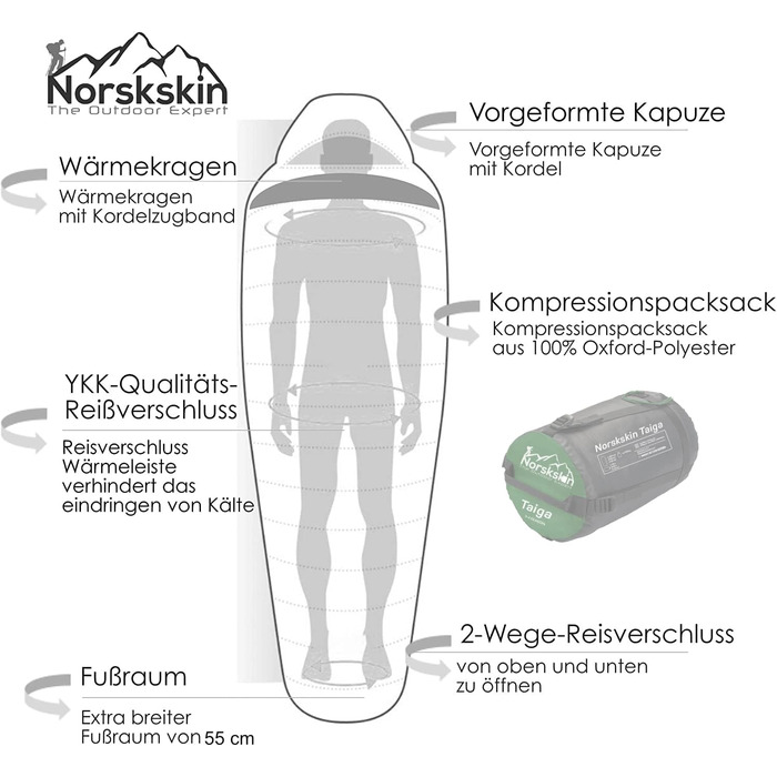 Легкий спальний мішок Norskskin 4 сезони від 0C до -23C - довгий спальний мішок для мумії (230 x 82 см) - водовідштовхувальний спальний мішок на відкритому повітрі з відділенням для подушки на блискавці зліва