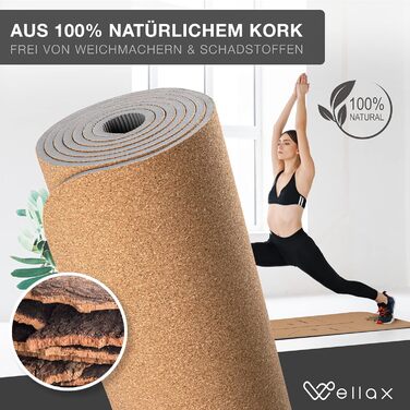 Килимок для йоги Wellax Yoga Mat Cork - 100 натуральний килимок для йоги, що не ковзає 185x66x0,6 см - Дуже товстий і не містить шкідливих речовин - Спортивний килимок з практичним ременем для перенесення