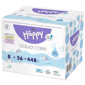 Вологі серветки bella baby Happy Aqua Care, 10 упаковок (10х56 шт. ), 100 біорозкладні, 99 вода, з 1-го дня життя (56 шт. (8 упаковок))