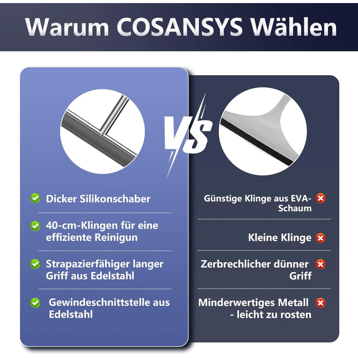 Ракель для підлогового душу, COSANSYS Water Squeegee Підлоговий ракель для душу з довгою ручкою 133 см, Ракель для душового вікна з силіконовою губкою та ручкою, Ракель для води підлоговий з гачком (нержавіюча сталь)