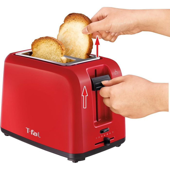 Тостер TEFAL TT1A2510 Подвійний слот з 7 рівнями підсмажування з насадкою для хлібних булочок Ящик для крихт 800 Вт Функція підйому Функціональна кнопка для кнопки зупинки, розморожування та нагрівання червоний