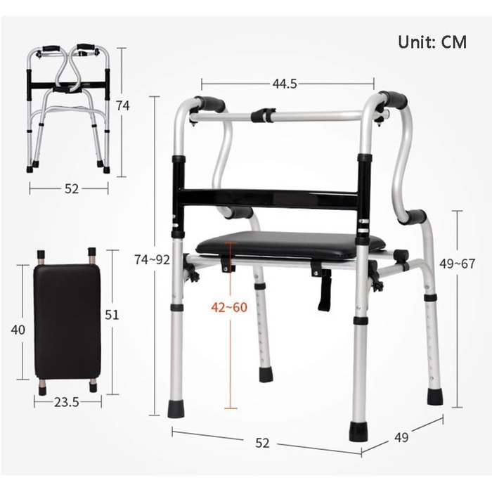 Захисна рама для туалету WUFUE, алюміній для людей похилого віку з сидінням, розбірна рама для ходьби, широкий допоміжний засіб для ходьби з регулюванням висоти, легкий, цікавий, з високими амбіціями