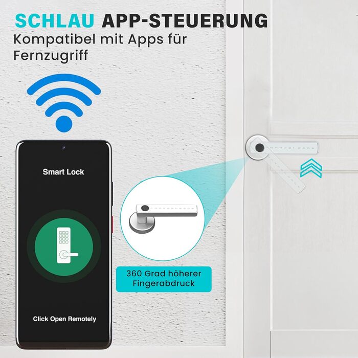 Дверний замок із відбитком пальця, Smart Lock, Електронний дверний замок - Для дверей товщиною 38-60 мм - Розумний дверний замок - Керується програмою - Дверний замок USB перезаряджається - Срібний
