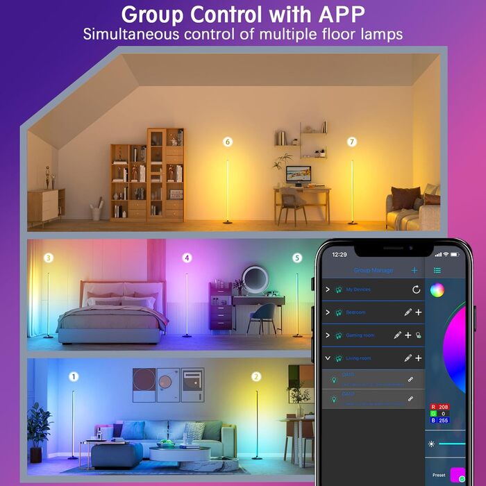 Вітальня світлодіодний торшер Buyya, 125-сантиметровий торшер RGB з пультом дистанційного керування та додатком, сучасний торшер з регулюванням яскравості з 16 мільйонами кольорів, синхронізація музики, режим зроби сам, лампа Світлодіодний кутовий світиль