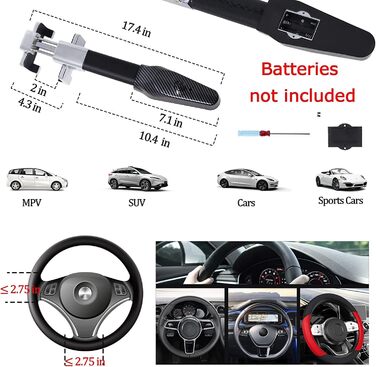 Кіготь рульового колеса з сигналізацією, блокування керма 130 дБ для автомобіля, автомобільний іммобілайзер Блокування керма для легкових автомобілів, вантажівок, позашляховиків з викруткою та рукавичками від Poweka (батарейки в комплект не входять)