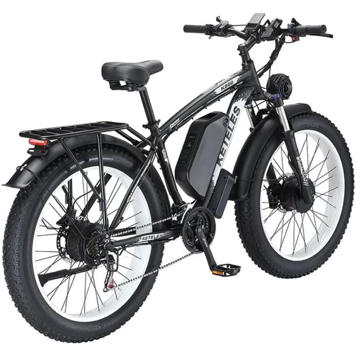 Електричний велосипед KETELES e-bike 26', 4.0 жирна шина, літієва батарея 48В 23Ач, подвійний двигун, гідравлічні дискові гальма, 21-швидкісний, всюдихідний електронний велосипед для дорослих чоловіків жінок білого кольору