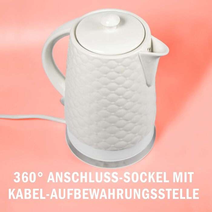 Електрочайник з високоякісної кераміки об'ємом 1,8 літра, сучасний стьобаний дизайн, знімна кришка, колір білий, чайник, чайник чайник, чайник порцеляновий керамічний