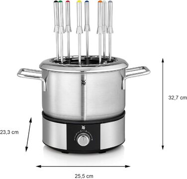 Набір фондю WMF Lono на 8 осіб, фондю електричне, 1400 Вт, регулювання температури, тримач для вилки, індукційний горщик 1,2 л, гаряча каструля, матова нержавіюча сталь