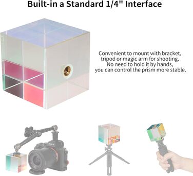 Фотографічна мембранна кришталева призма з різьбовим отвором 1/4', професійна оптична кришталева скляна кубічна призма, створює ефект легкої веселки для студії фотографів