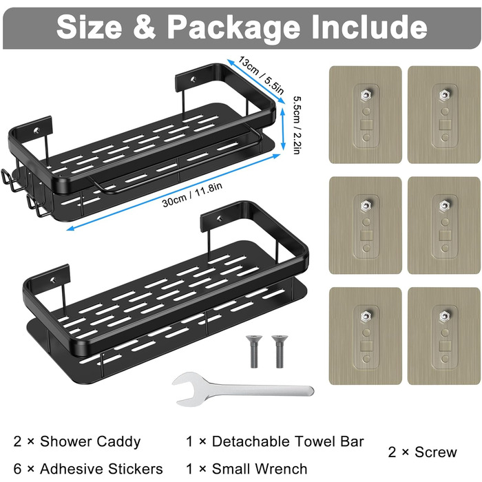 Душова полиця без свердління чорна, 2 шт. самоклеюча душова полиця з 4 гачками 6 клейких прокладок, тримач для шампуню з нержавіючої сталі для душу, кошик для душу для органайзера у ванній кімнаті