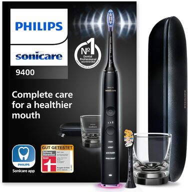 Електрична зубна щітка Philips Sonicare DiamondClean Smart 9400, звукова зубна щітка з додатком, датчиком тиску, визначенням головки щітки, 4 режими чищення та 3 рівні інтенсивності, чорний, модель HX9917/89 Black (2 насадки для щітки)