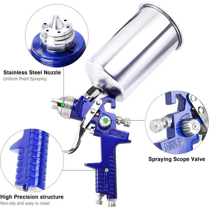 Фарборозпилювач Фарборозпилювач з 3 соплами 1,4 мм 1,7 мм 2,5 мм, фарборозпилювач з алюмінієвою банкою 1000CC, фарборозпилювач фарборозпилювач з регулятором тиску повітря для настінної фарби для меблів DIY синій