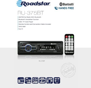 Цифрова автомобільна стереосистема Roadstar RU-375BT AM/FM, Bluetooth гучний зв'язок, стерео автомобільна стереосистема, USB-порт, TF-кардрідер, MP3-плеєр, РК-екран, пульт дистанційного керування