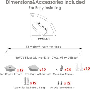 Світлодіодний профіль Besseto 10 x 1,5 м, U-подібний світлодіодний алюмінієвий профіль, профіль розсіювача світлодіодної стрічки з молочною кришкою, торцеві кришки та монтажний кронштейн, світлодіодний алюмінієвий профіль для смуг/стрічки (форма 10 x 1,5 