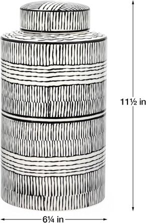 Чорно-біла імбирна ваза Torre & Tagus Takara з кришкою, висота 27,9 см, сучасна ваза для квітів, прикраса кімнати, класична прикраса для дому ручної роботи для зберігання та прикраси столу, з білим х чорним контуром висотою 11,5 футів