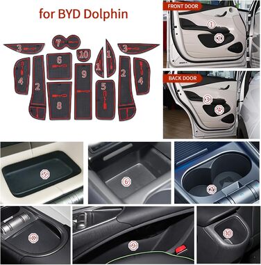 Підходить для BYD BYD Dolphin Premium рифлені килимки, килимок для дверей автомобіля, підстаканник, центральна консоль, салон автомобіля, нековзний гумовий килимок з логотипом, ПВХ (14 шт. /комплект) (червоний) ПВХ червоний