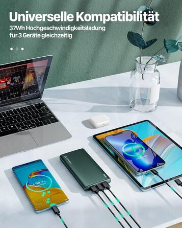 Тонкий і легкий зовнішній акумулятор для мобільного телефону з USB C (вхід і вихід), 2 USB виходами і Mirco USB входами, power bank для iPhone, Samsung Galaxy, Huawei, Xiaomi, iPad 10000 mAh Зелений 10000 mAh, 10000mAh