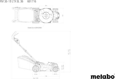 Акумуляторна газонокосарка Metabo RM 36-18 LTX BL 36 - 601716650 - 18 В - Акумуляторна газонокосарка з функцією мульчування - Для садів площею до 350 м - У комплекті 2 акумулятори та зарядні пристрої