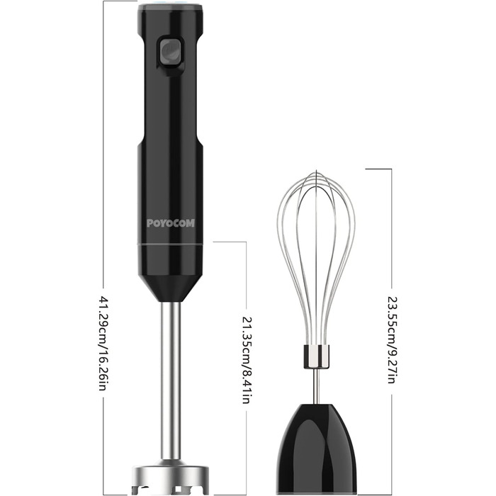 Акумуляторний ручний блендер POYOCOM, Акумуляторний ручний блендер з кабелем TYPE-C, вінчик для смузі, молочних коктейлів, хумусу та супів - чорний