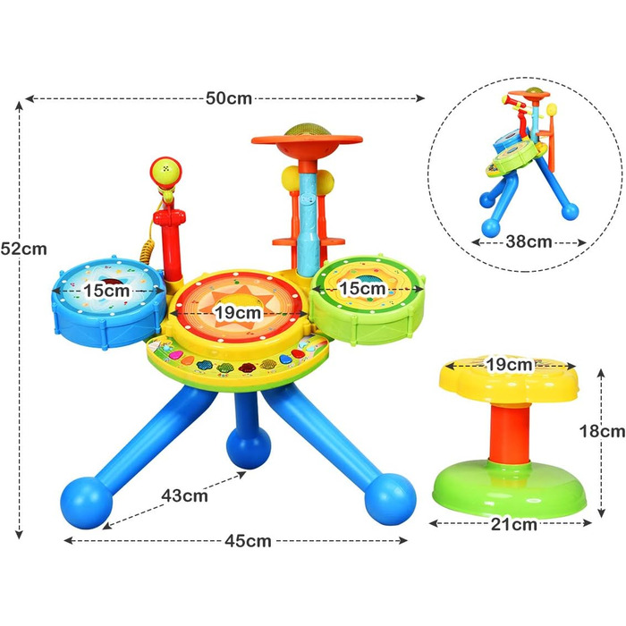 Барабан іграшковий музичний інструмент для малюків, електронний барабанний набір з 2 барабанними паличками, ліхтарем-спалахом і мікрофоном, ідея подарунка для дітей віком від 3 років, барабанна установка з сидінням на табуретці