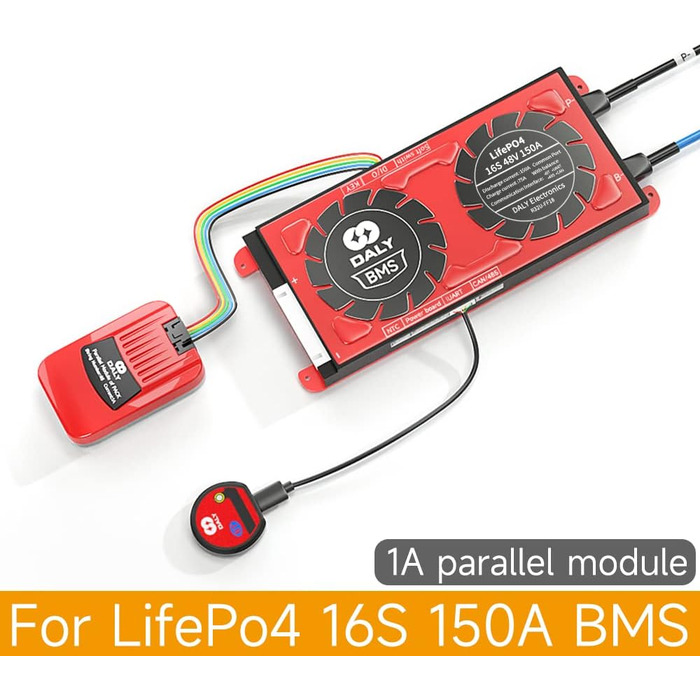 Паралельний модуль DALY BMS 1A з вентилятором Smart BMS LiFePo4 8S 24V 250A та CAN-портом, Smart BMS Bluetooth ключ для літієвих акумуляторів 3,2 В, інвертор, ДБЖ та домашня система зберігання (Lifepo4 16S 48V CAN BT, 150AParallel Module1A)