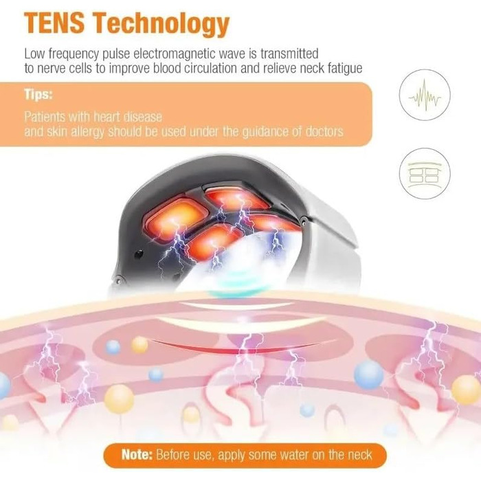 Масажер для шиї, акумуляторний масажер для шиї, електроімпульсний масажер для шиї TENS, 4 головки, 6 режимів, 9 передач, теплова компресія, акупунктурні точки шиї, лімфофізичний масажер (білий)