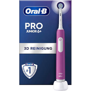 Електрична зубна щітка Oral-B Pro Junior для дітей від 6 років, датчик тиску, 3 режими чищення в т.ч. чутливий для догляду за зубами, м'яка щетина та таймер, дизайн Braun, фіолетовий фіолетовий