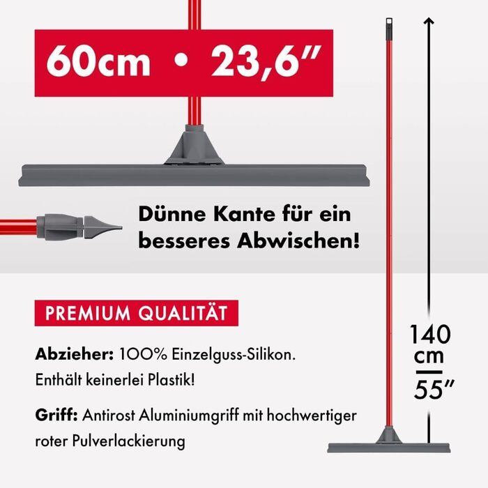 Ракель для води Tyrolean Bright Tools з надзвичайно міцним і надзвичайно широким ракелем Silkon 60 см, 4 частинами ручки 140 см, ідеально підходить для дерева, скла, бетону, кахельного душу та туалету