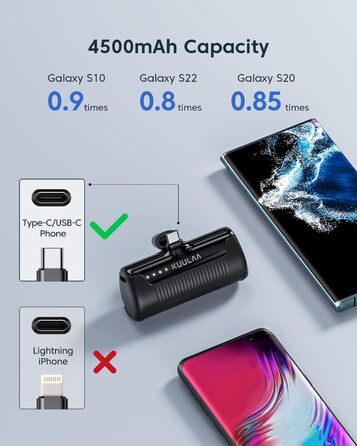 Міні-зовнішній акумулятор, швидка зарядка USB C Power Bank без кабелю, маленький, але потужний портативний зарядний пристрій для мобільного телефону, сумісний із мобільними телефонами Samsung, Huawei, USB C (чорний), 4500mAh