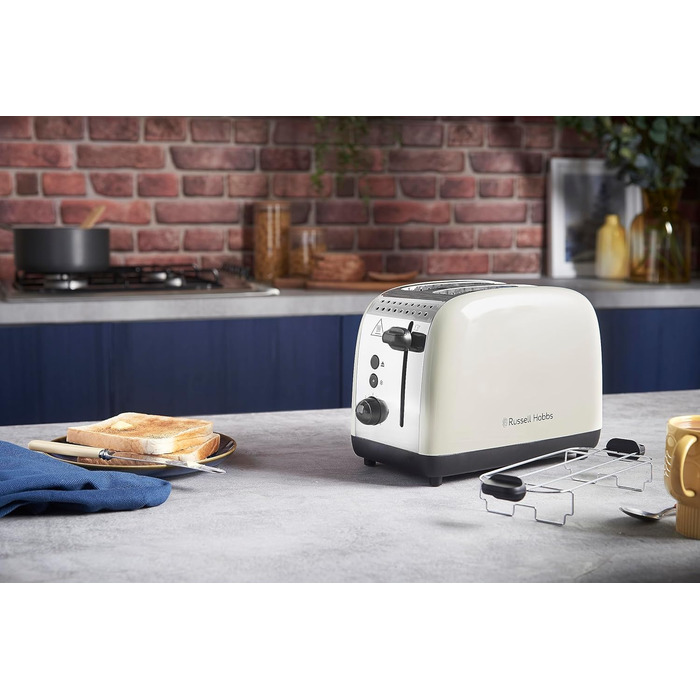 Тостер Russell Hobbs на 2 скибочки Colours Plus Stainless Steel Cream (надзвичайно широкі отвори для тостів, включаючи насадку для булочки, 6 рівнів підрум'янювання функція розморожування, функція lift & look, 1600 Вт) 26551-56 Тостер НОВИНКА