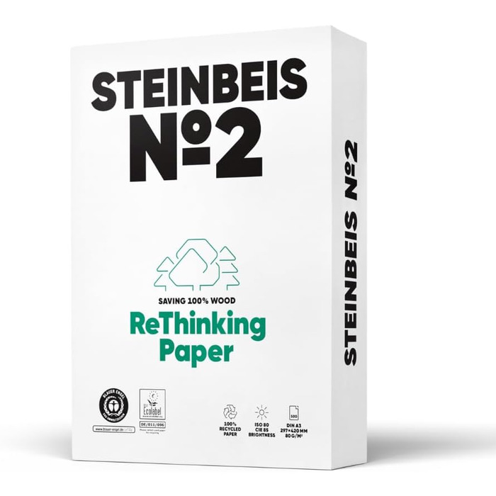 Папір для принтера Steinbeis No. 2 перероблений папір формату DIN A3 80 г/м, білий і без хлору, 2500 (5 x 500) аркушів високоякісного копіювального паперу ISO 80 / CIE 85