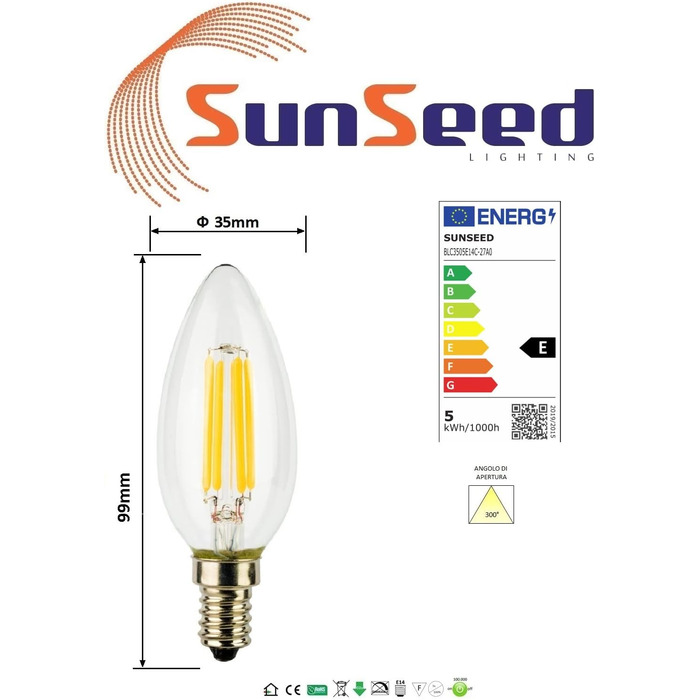 Світлодіодна свічкова лампа SUNSEED 10 шт. нитки E14 5 Вт замінює 48 Вт Теплий білий 2700K